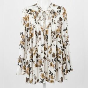 FREE PEOPLE Pebble Crepe So Fine Boho Oversized Tunic Top White Brown Butterfly